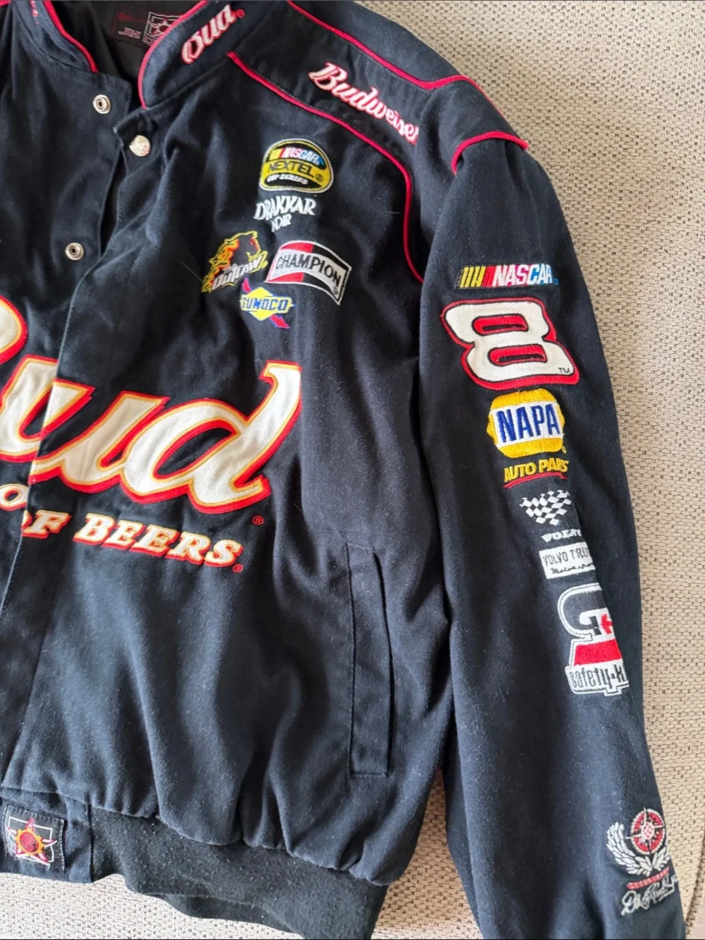 Budweiser Black Racing Patch Bomber Jacket with Red Trim